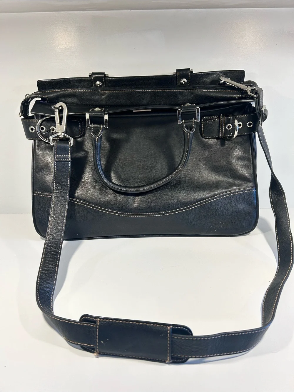 Black Leather Purse Bag Franklin Covey Briefcase Work Tote Shoulder Bag Business - Picture 1 of 16